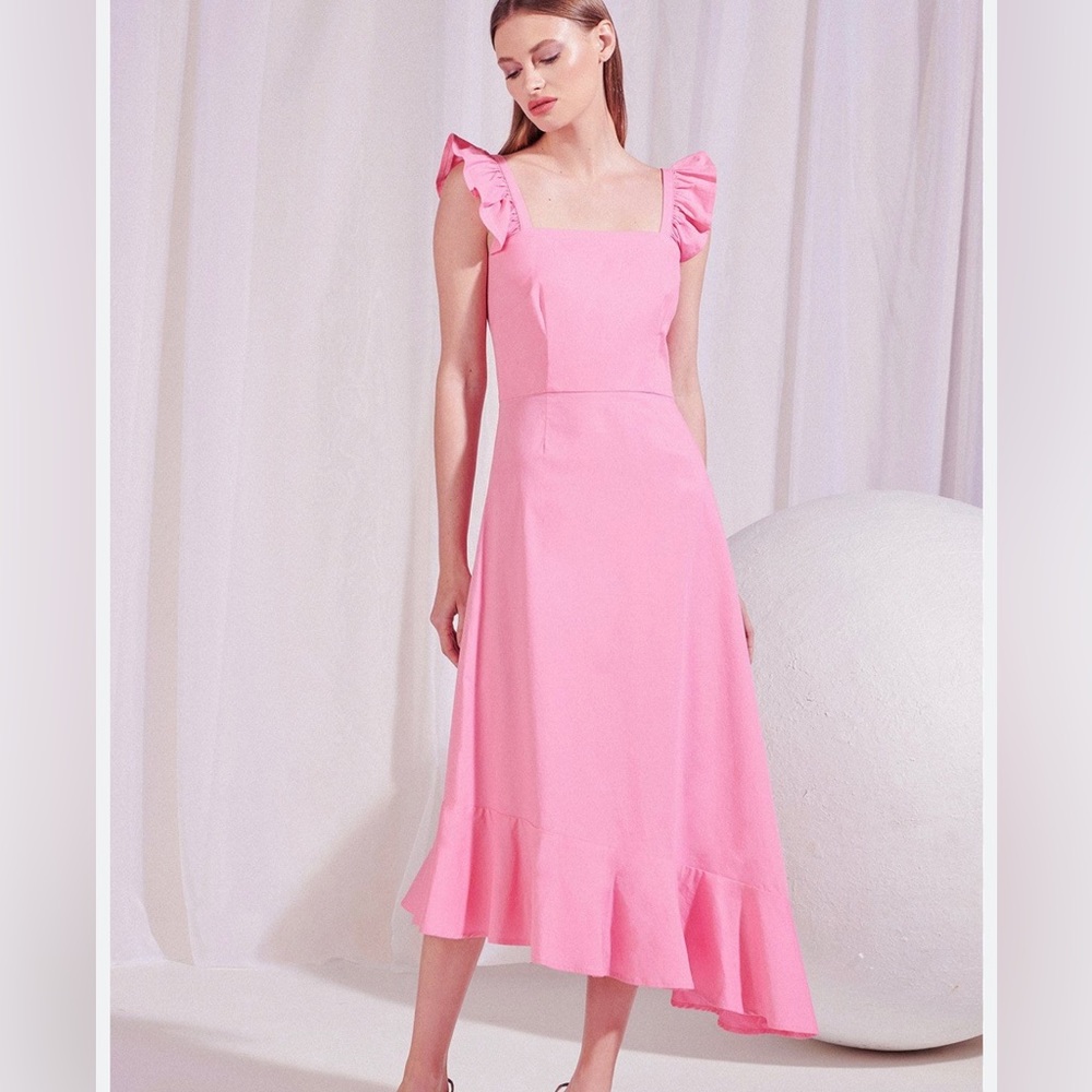Staud Asymmetrical Pink Ruffle Dress